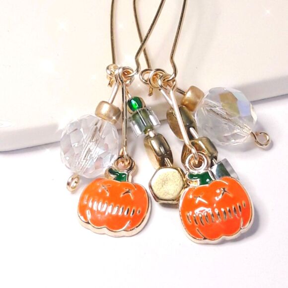 Artisan Earrings 01p# Pumpkin earrings Czech glass fringe earrings Orange dangle - Picture 2 of 6